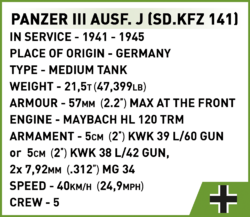 Deutscher mittlerer Panzer Panzer III Pz. KpfW. Ausf. J COBI 2561 - Limited Edition WW II - kopie