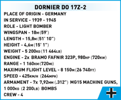 Nemecké bombardovacie lietadlo Dornier DO 17Z-2 COBI 5753 Limited Edition WW II 1:32 - kopie