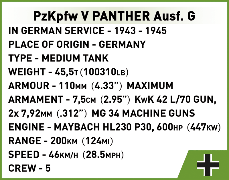 Německý střední tank PzKpfw V PANTHER Ausf. G COBI 2566 - World War II