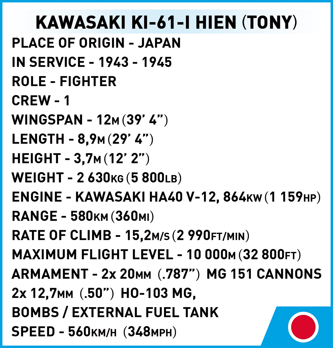 Japonský stíhací letoun Kawasaki KI-61-I Hien (Tony) COBI 5740 - World War II