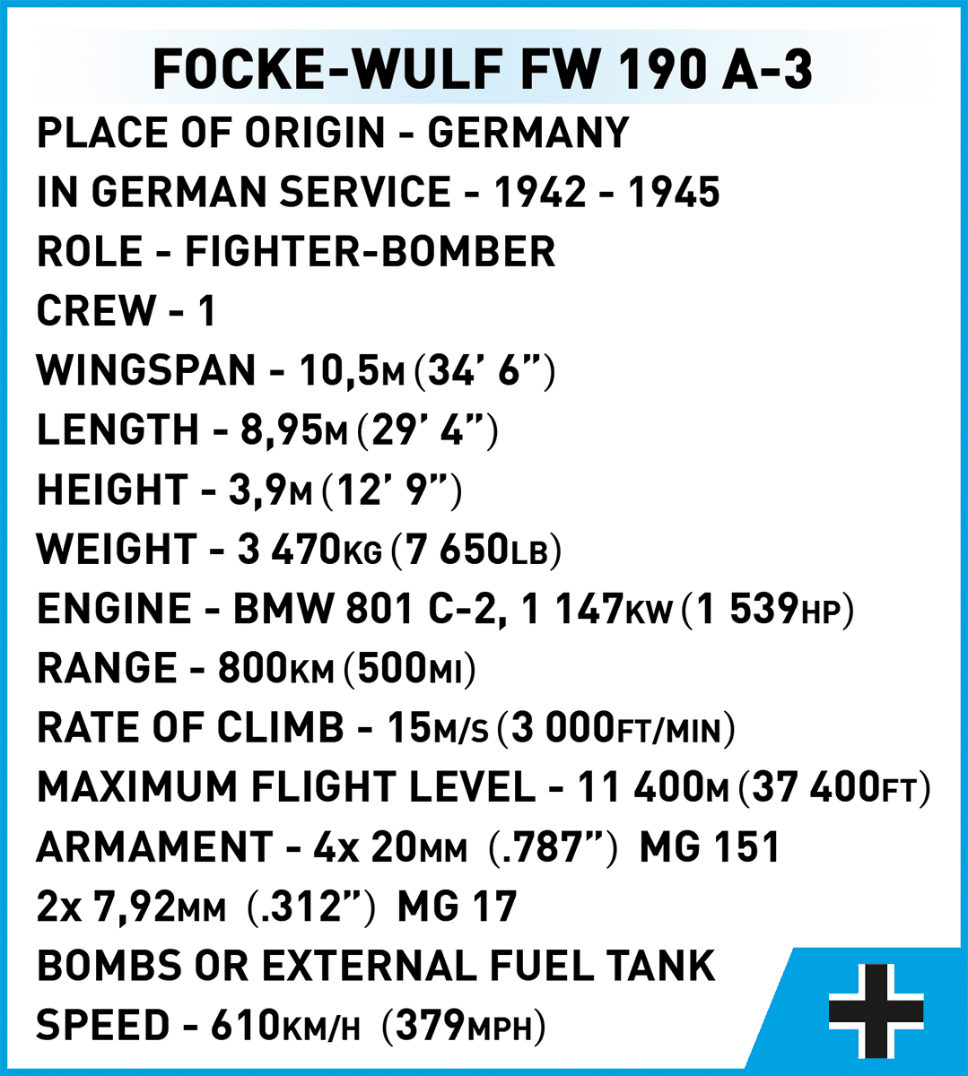 Německý stíhací letoun Focke-Wulf FW 190 A-3 COBI 5741 - World War II