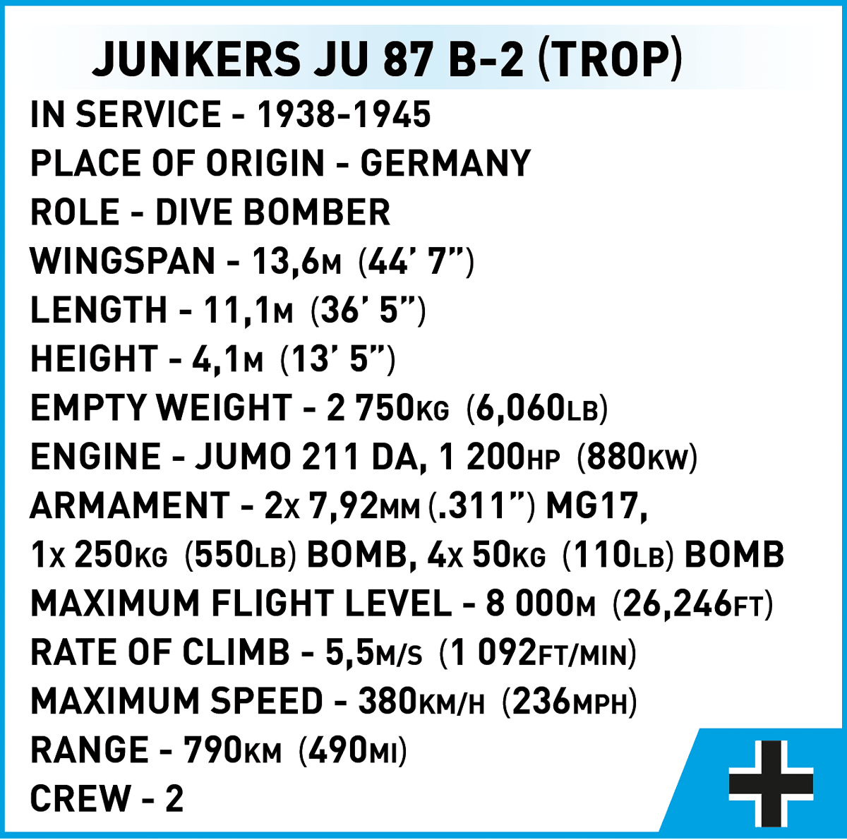 German dive bomber Junkers JU-87B Stuka COBI 5730 - World War II - kopie
