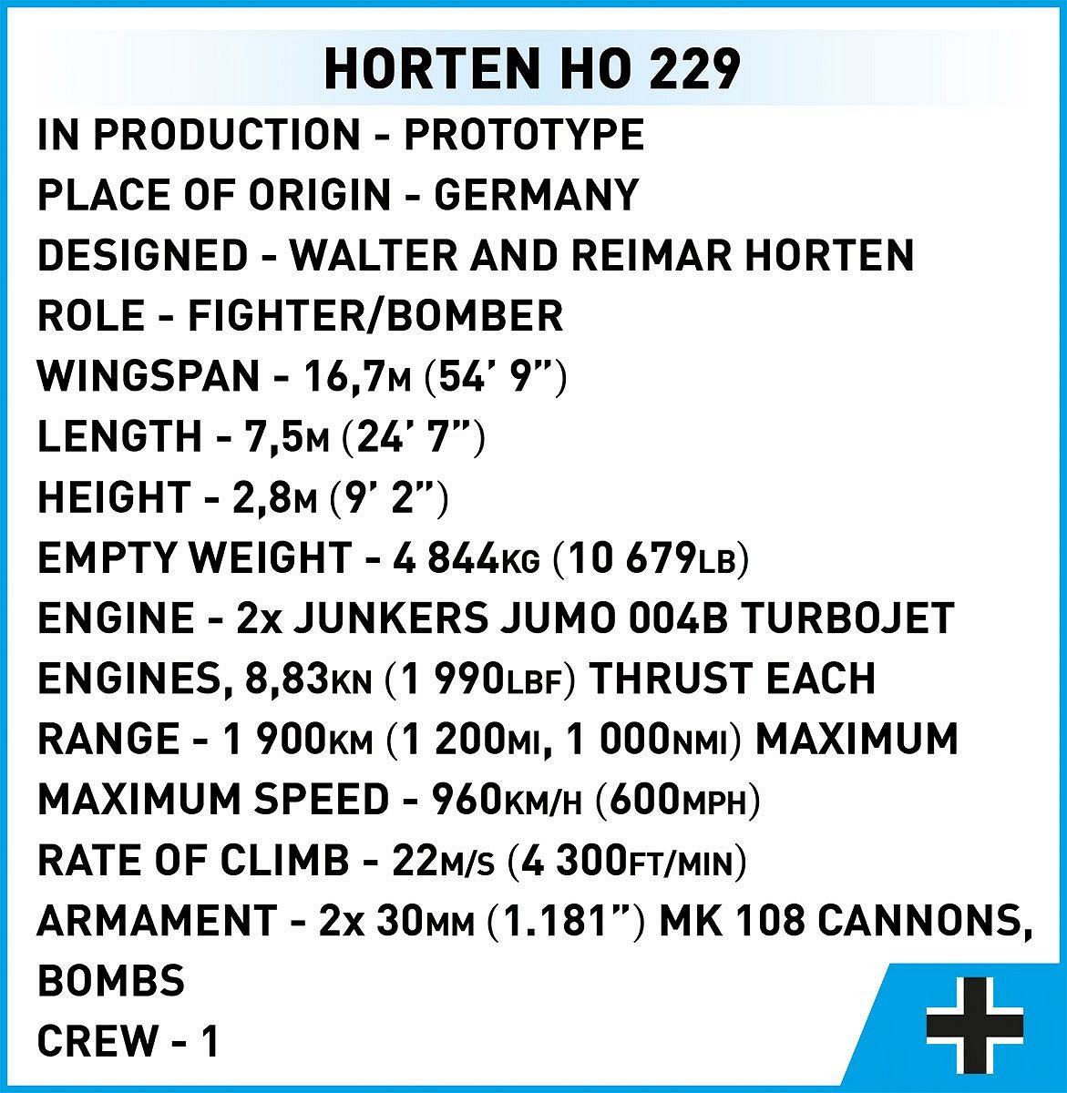 Německý proudový stíhací letoun samokřídlo Horten Ho 229 COBI 5757 - World War II 1:32