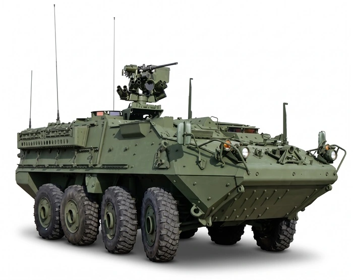 Přední boční pohled na bojové vozidlo Stryker