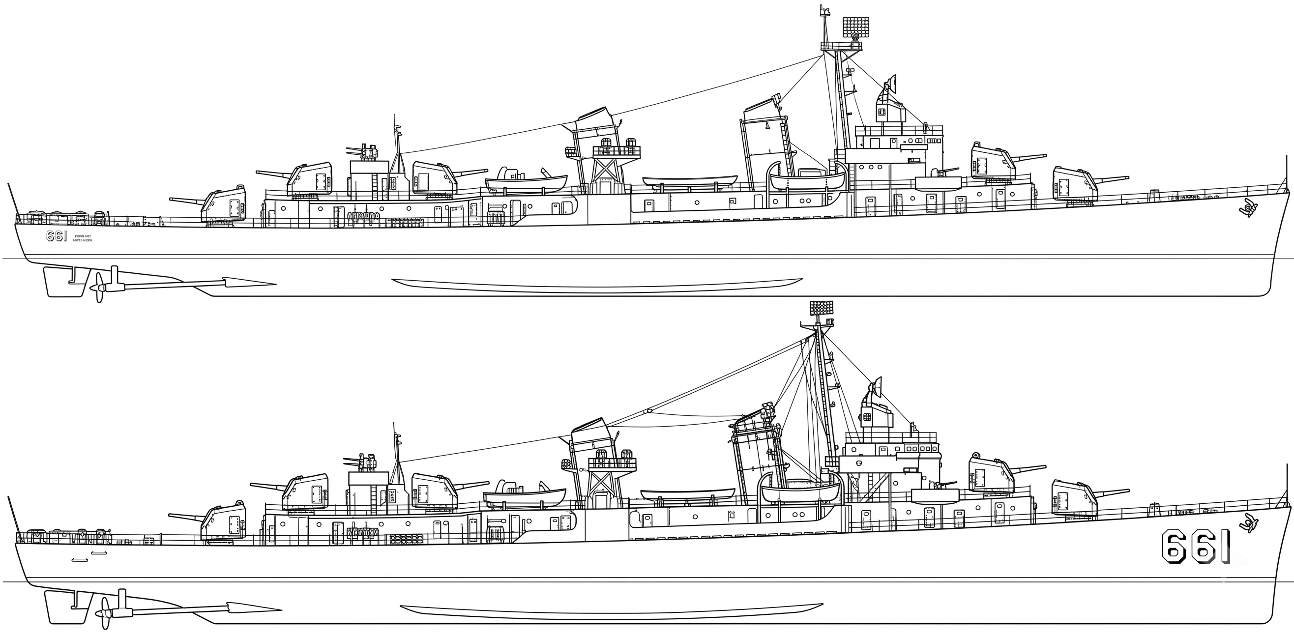 Technical drawing of the American destroyer USS Kidd COBI 4866